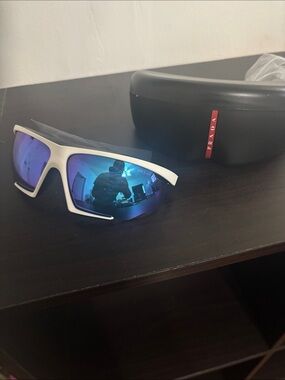 Prada White Sport Sunglasses with Blue Mirrored Lenses